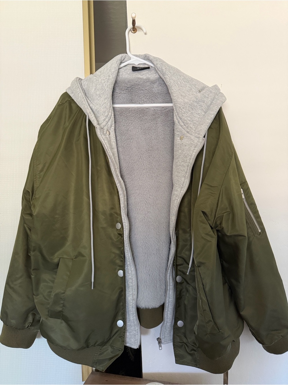 Vici Olive Green Bomber Jacket with Light Grey Hooded Liner